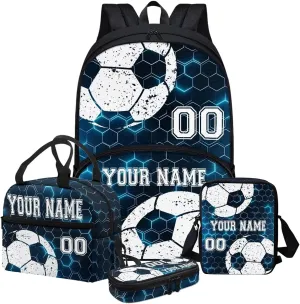 Bulopur White Soccer Football Customized School Backpack Set of 4, Blue Hexagonal Grid Travel Bookbag Hiking Knapsack Rucksack Shoulder Crossbody Lunch Bag Pencil Bags with Zipper for Boys