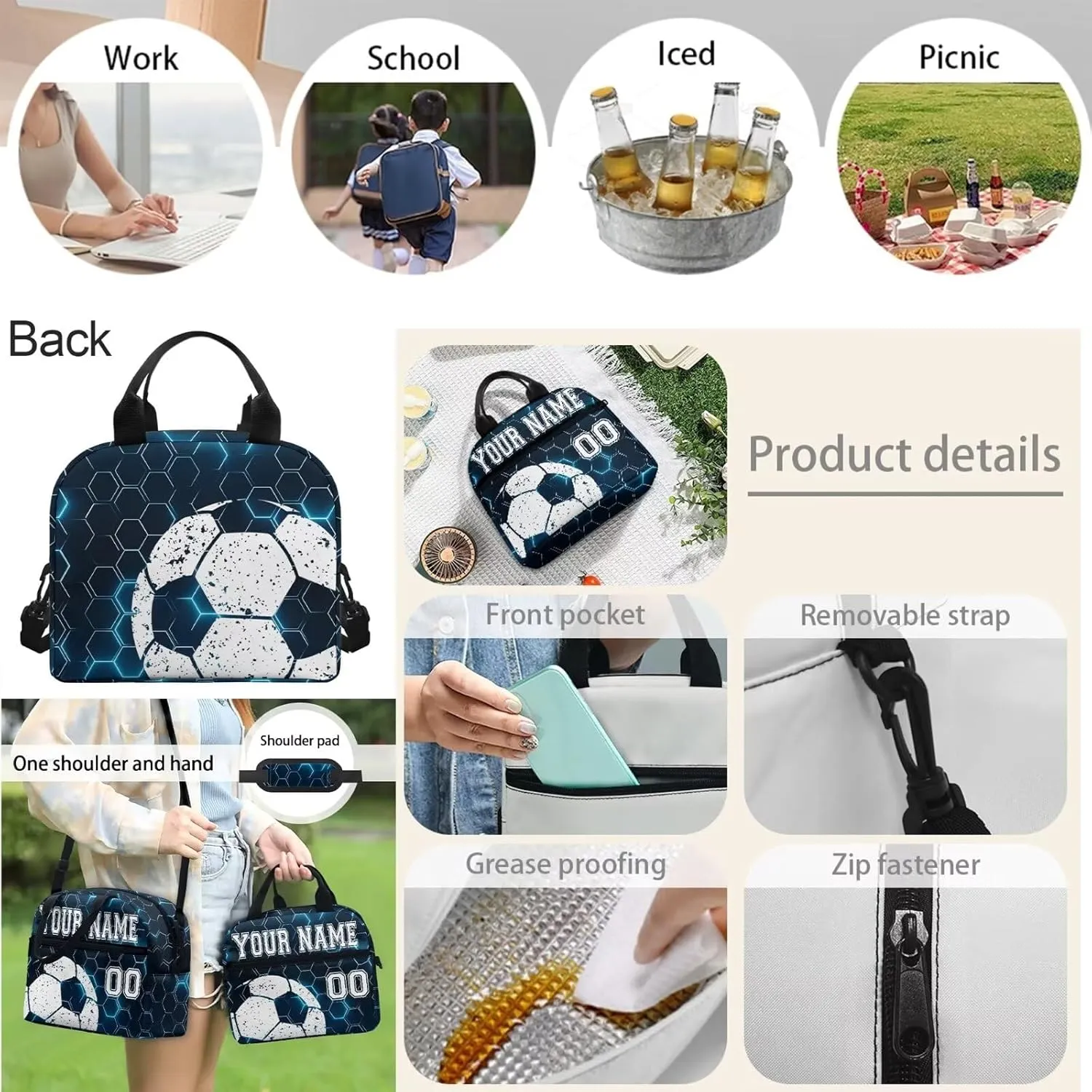 Bulopur White Soccer Football Customized School Backpack Set of 4, Blue Hexagonal Grid Travel Bookbag Hiking Knapsack Rucksack Shoulder Crossbody Lunch Bag Pencil Bags with Zipper for Boys
