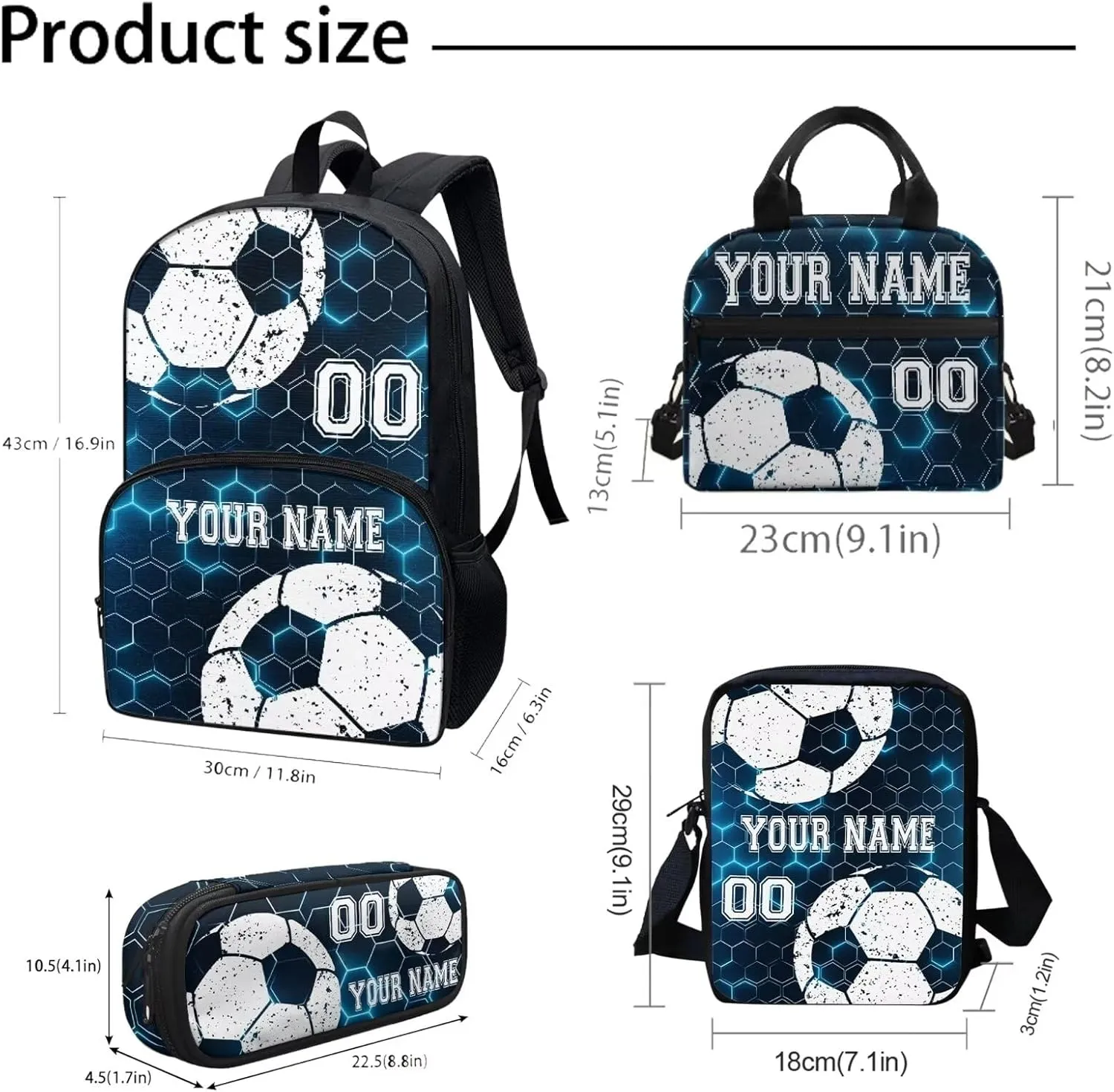 Bulopur White Soccer Football Customized School Backpack Set of 4, Blue Hexagonal Grid Travel Bookbag Hiking Knapsack Rucksack Shoulder Crossbody Lunch Bag Pencil Bags with Zipper for Boys