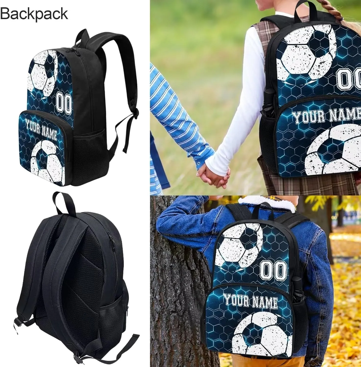 Bulopur White Soccer Football Customized School Backpack Set of 4, Blue Hexagonal Grid Travel Bookbag Hiking Knapsack Rucksack Shoulder Crossbody Lunch Bag Pencil Bags with Zipper for Boys