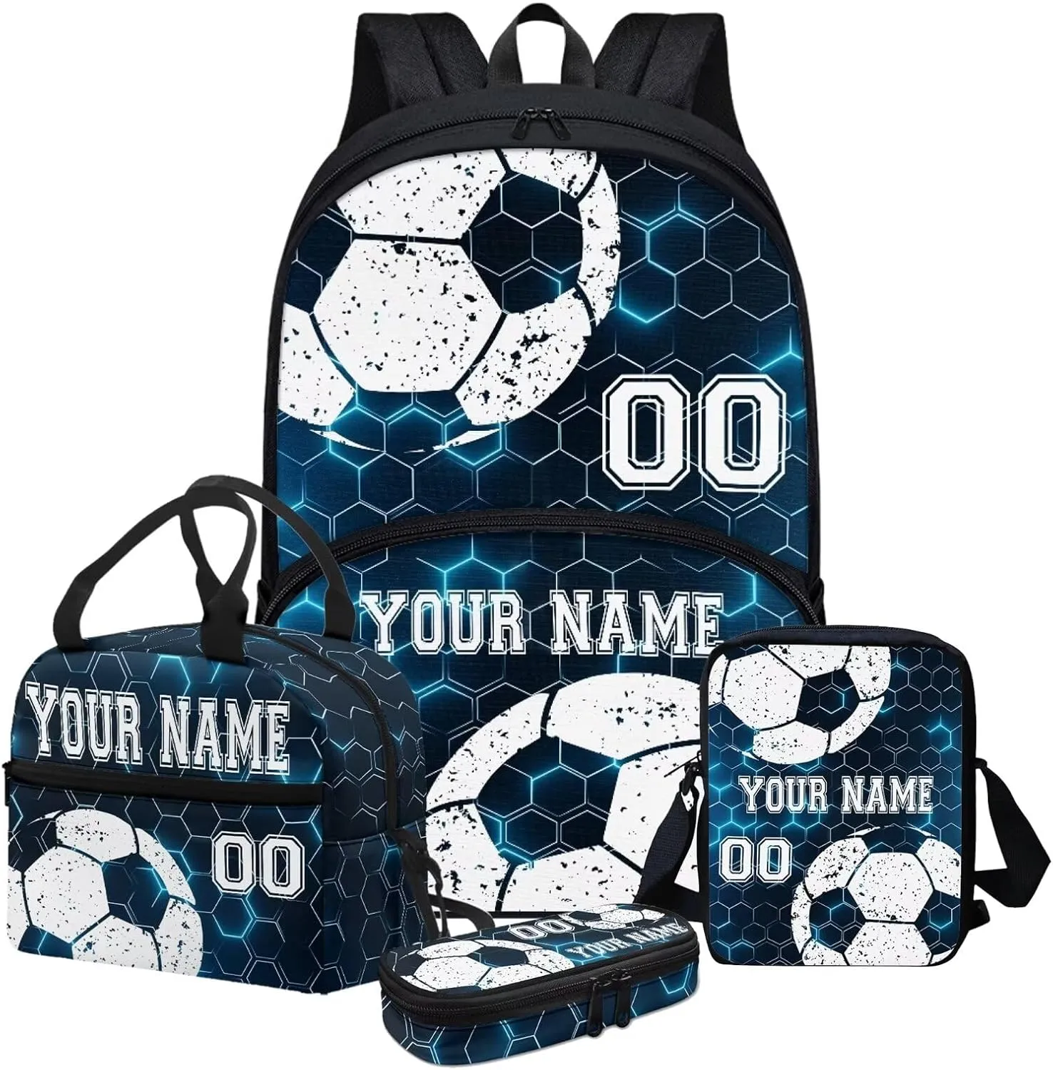 Bulopur White Soccer Football Customized School Backpack Set of 4, Blue Hexagonal Grid Travel Bookbag Hiking Knapsack Rucksack Shoulder Crossbody Lunch Bag Pencil Bags with Zipper for Boys