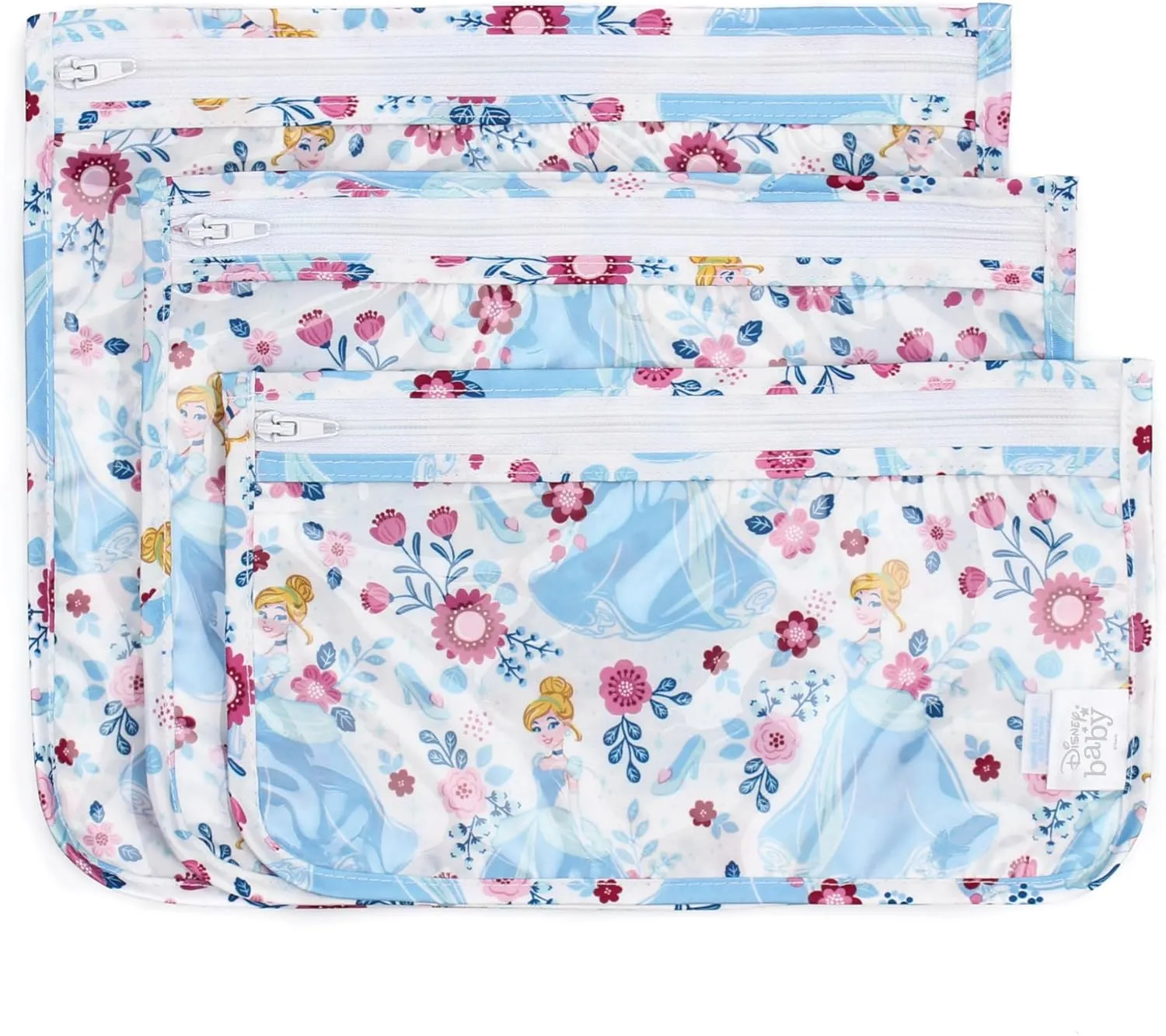 Bumkins TSA Approved Toiletry Bag, Disney Travel Quart Zip Pouch, PVC-Free, Vinyl-Free, Clear Sided, Set of 3 â€“ Cinderella , Count (Pack 1)