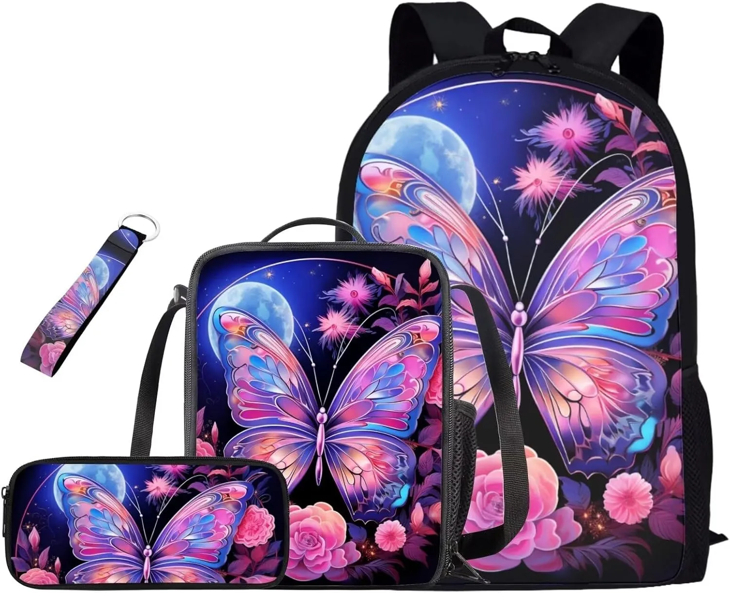 Butterfly 17 Inch Backpack for Girls Teens Toddlers Cute School Bag Bookbag for Teen Girls Primary School Backpack Set with Lunch Bag Carry More Firmly and Comfortably