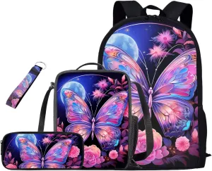 Butterfly 17 Inch Backpack for Girls Teens Toddlers Cute School Bag Bookbag for Teen Girls Primary School Backpack Set with Lunch Bag Carry More Firmly and Comfortably
