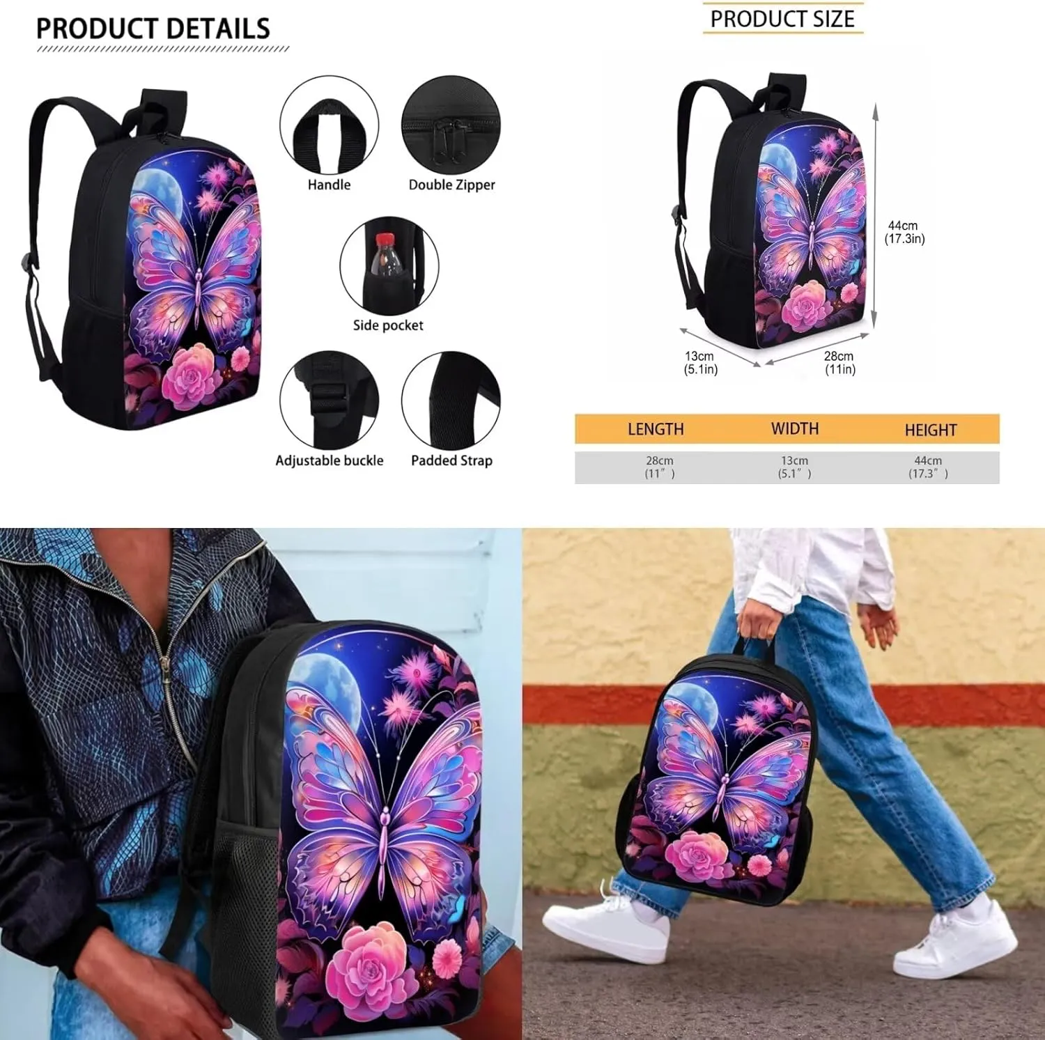 Butterfly 17 Inch Backpack for Girls Teens Toddlers Cute School Bag Bookbag for Teen Girls Primary School Backpack Set with Lunch Bag Carry More Firmly and Comfortably