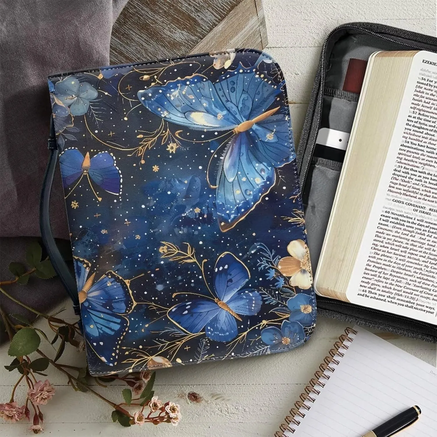 Butterfly Bible Cover Case for Women and Kids, Floral Leather Bible Cover with Handles and Zipper, Waterproof Bible Carrying Case Bible Tote Handbag, Bible Accessories for Christian, XXL