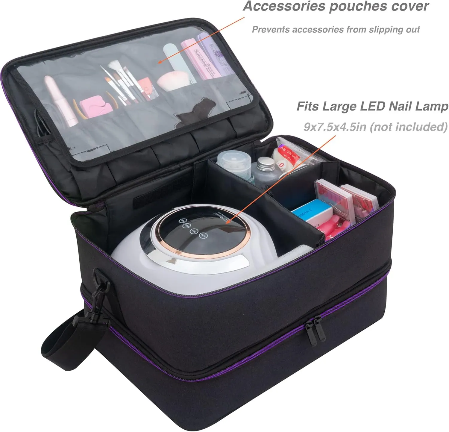 ButterFox Extra Large Nail Polish Organizer Case, Holds 60-66 Bottles and Nail Dryer Lamp, Large Nail Supplies and Accessories Storage Holder Bag (Black/Purple)