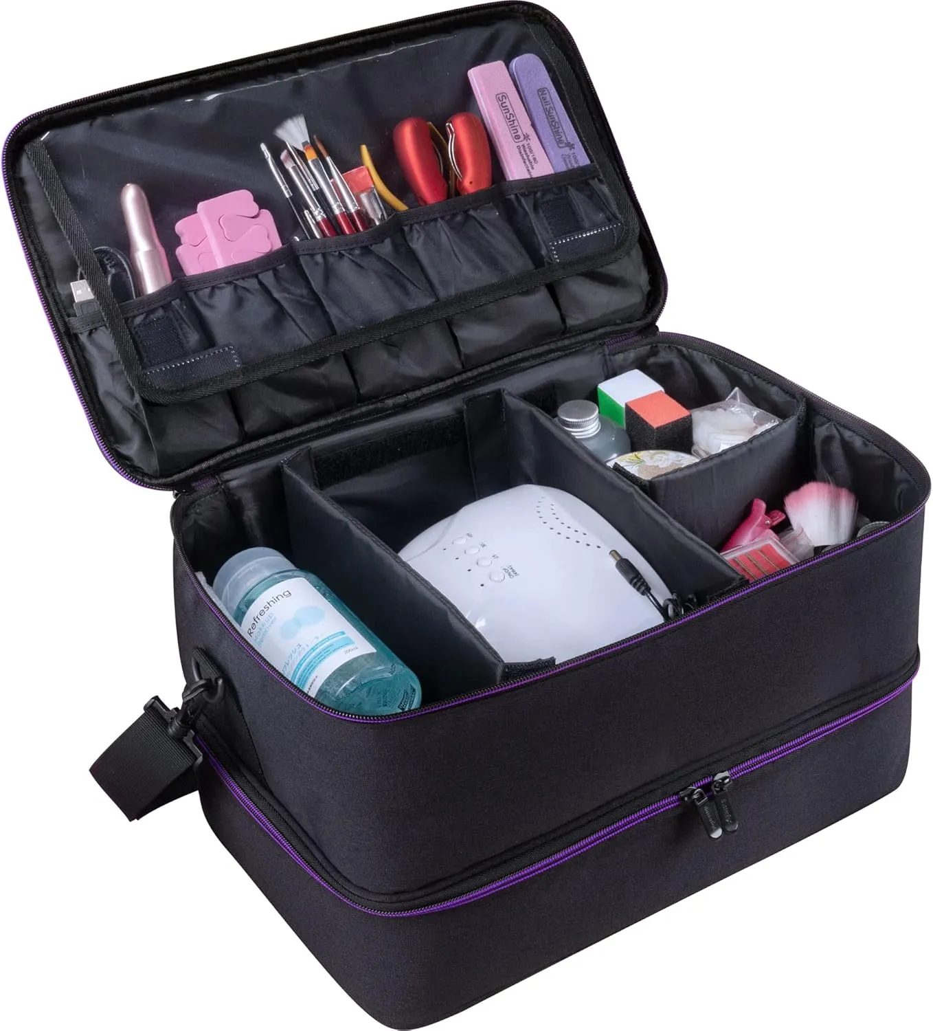 ButterFox Extra Large Nail Polish Organizer Case, Holds 60-66 Bottles and Nail Dryer Lamp, Large Nail Supplies and Accessories Storage Holder Bag (Black/Purple)