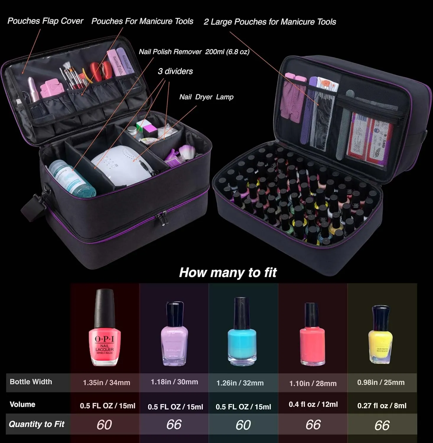 ButterFox Extra Large Nail Polish Organizer Case, Holds 60-66 Bottles and Nail Dryer Lamp, Large Nail Supplies and Accessories Storage Holder Bag (Black/Purple)