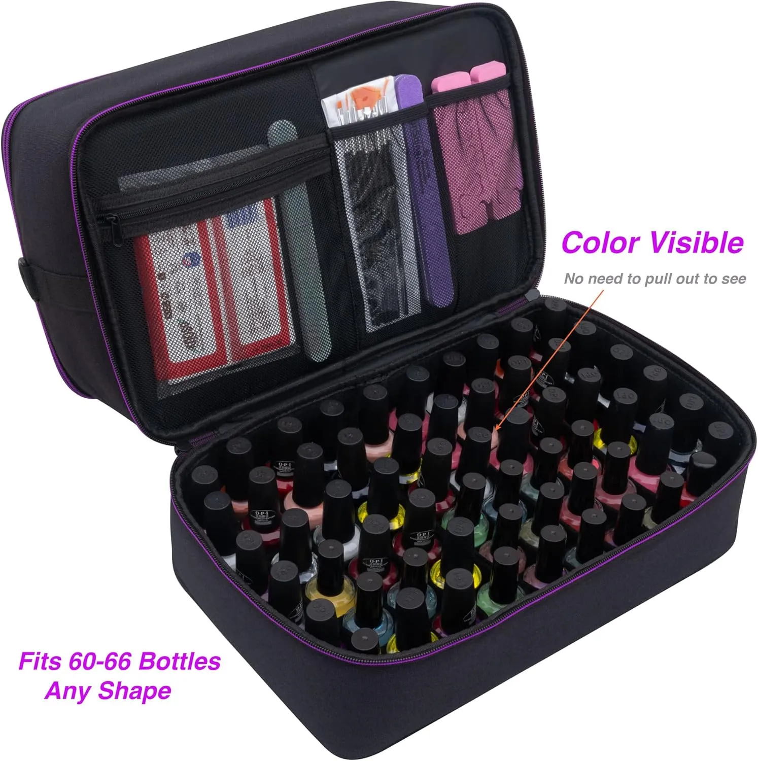 ButterFox Extra Large Nail Polish Organizer Case, Holds 60-66 Bottles and Nail Dryer Lamp, Large Nail Supplies and Accessories Storage Holder Bag (Black/Purple)
