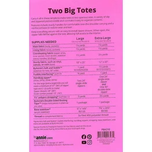 ByAnnie Two Big Totes Pattern - 2 Size Variations Per Pattern (14 Colors of 18"x54" Mesh Packs Sold Separately) PBA310