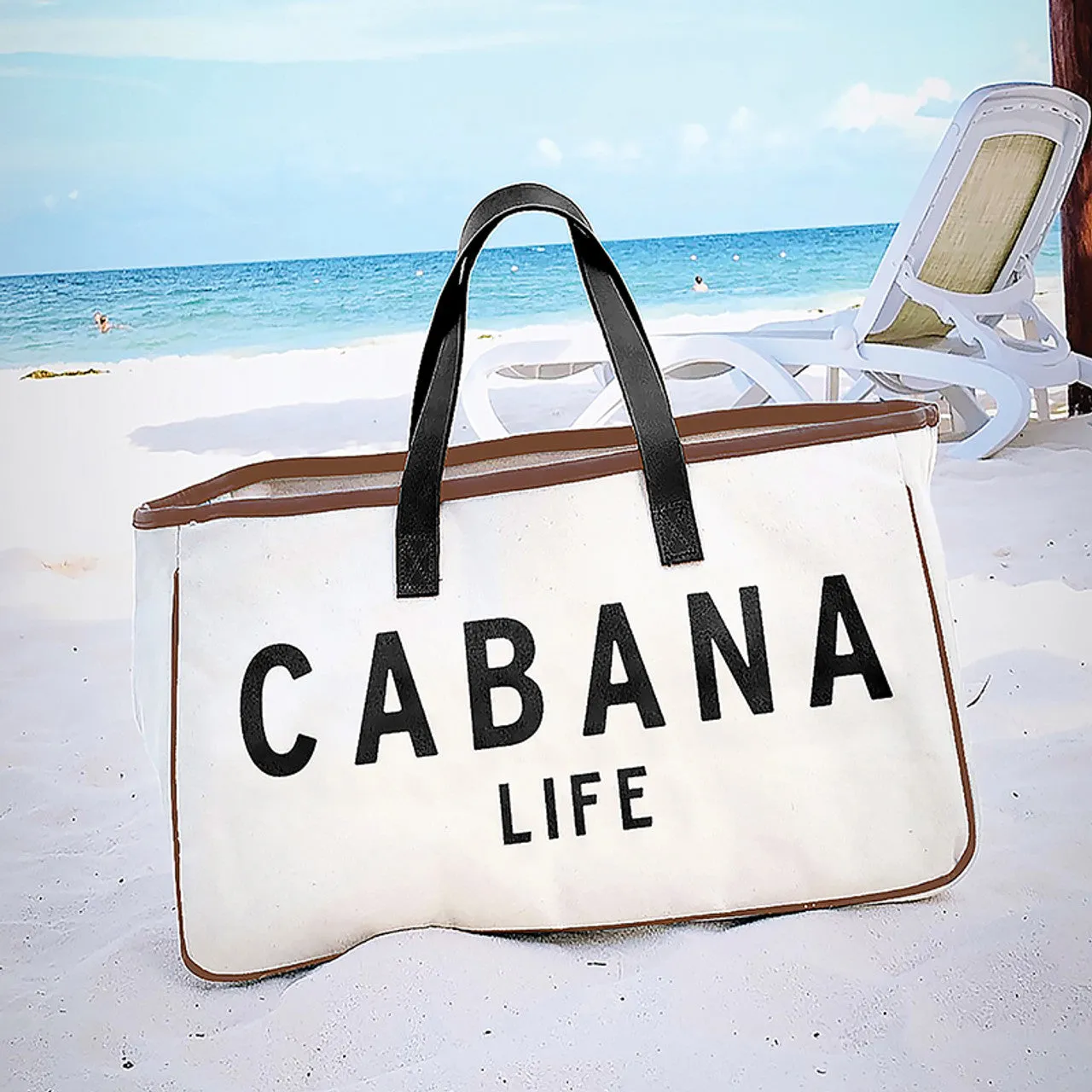 Cabana Life Canvas Rectangular Tote | Genuine Leather Handles Carry-all Beach Bag | 20" x 11"