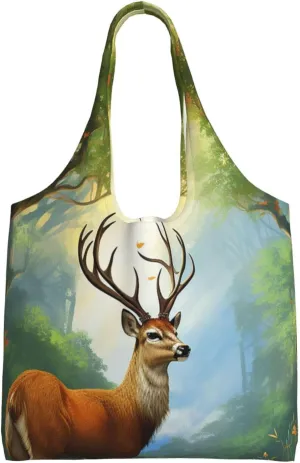Canvas Aesthetic Tote Bag for Women Handbag Deer Forest Reusable Grocery Bags with Handles