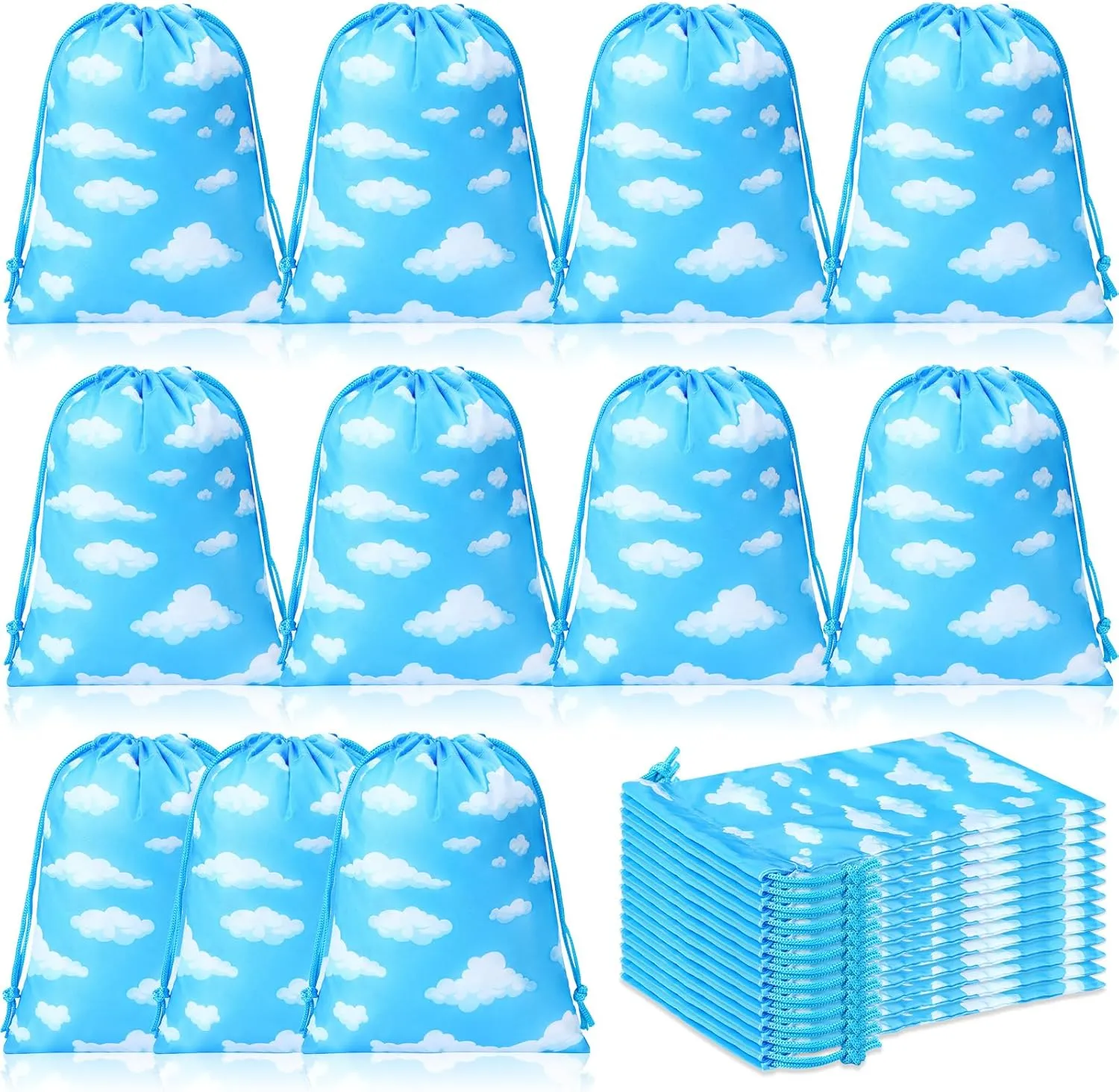 Capoda 16 Pcs Blue Sky White Clouds Party Favor Bags White Clouds Small Drawstring Bags Blue Sky Themed Gift Pouches Cartoon String Candy Goodie Treat Bag for Birthday Party Supplies