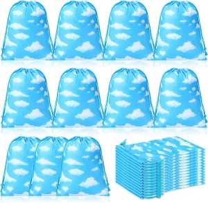 Capoda 16 Pcs Blue Sky White Clouds Party Favor Bags White Clouds Small Drawstring Bags Blue Sky Themed Gift Pouches Cartoon String Candy Goodie Treat Bag for Birthday Party Supplies