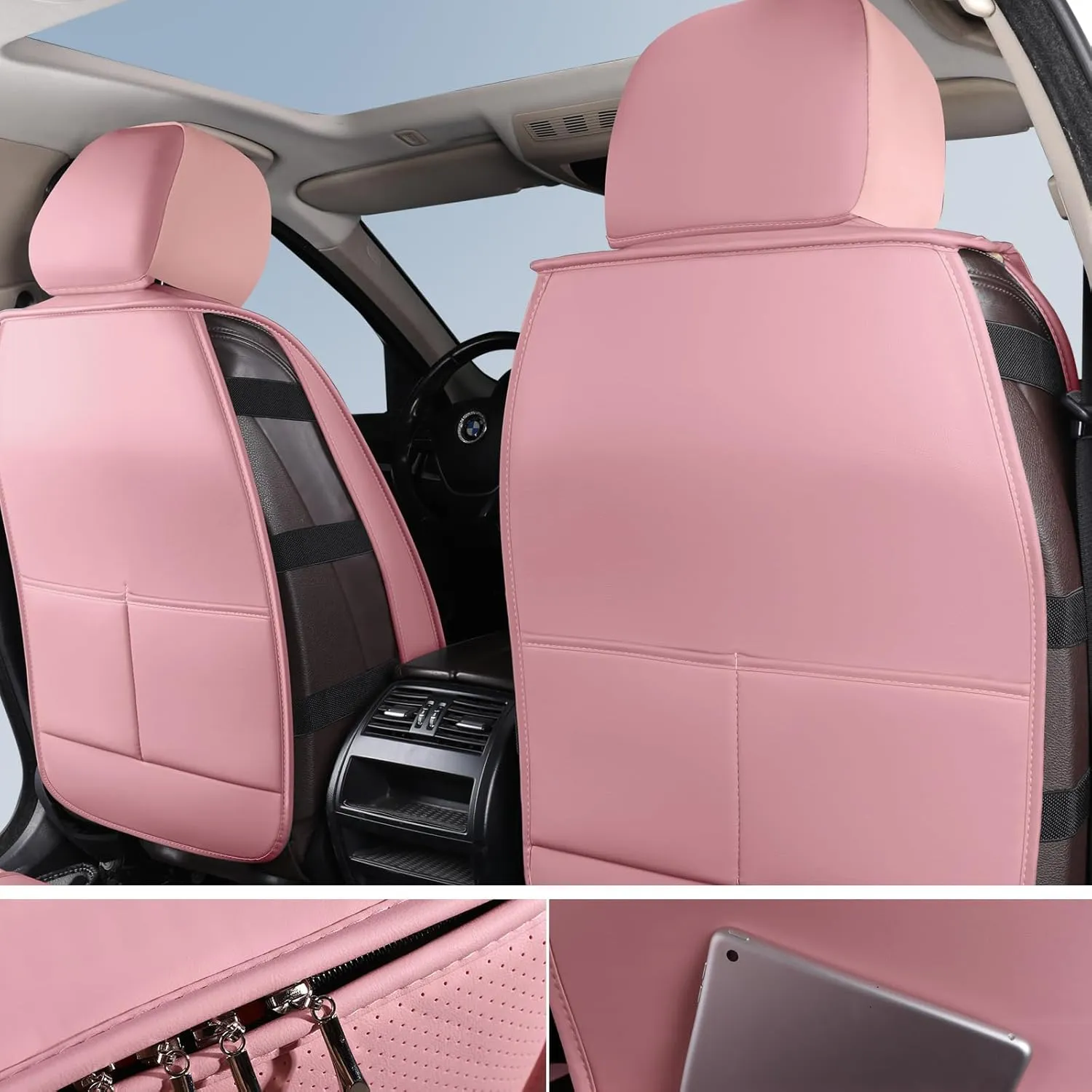 Car Seat Covers Front Pair,Breathable and Waterproof Faux Leather Automotive Seat Covers for Cars,Anti-Slip Driver Seat Cover Fit SUV Truck Sedan(Style1,2 PCS Front Seat,Pink)