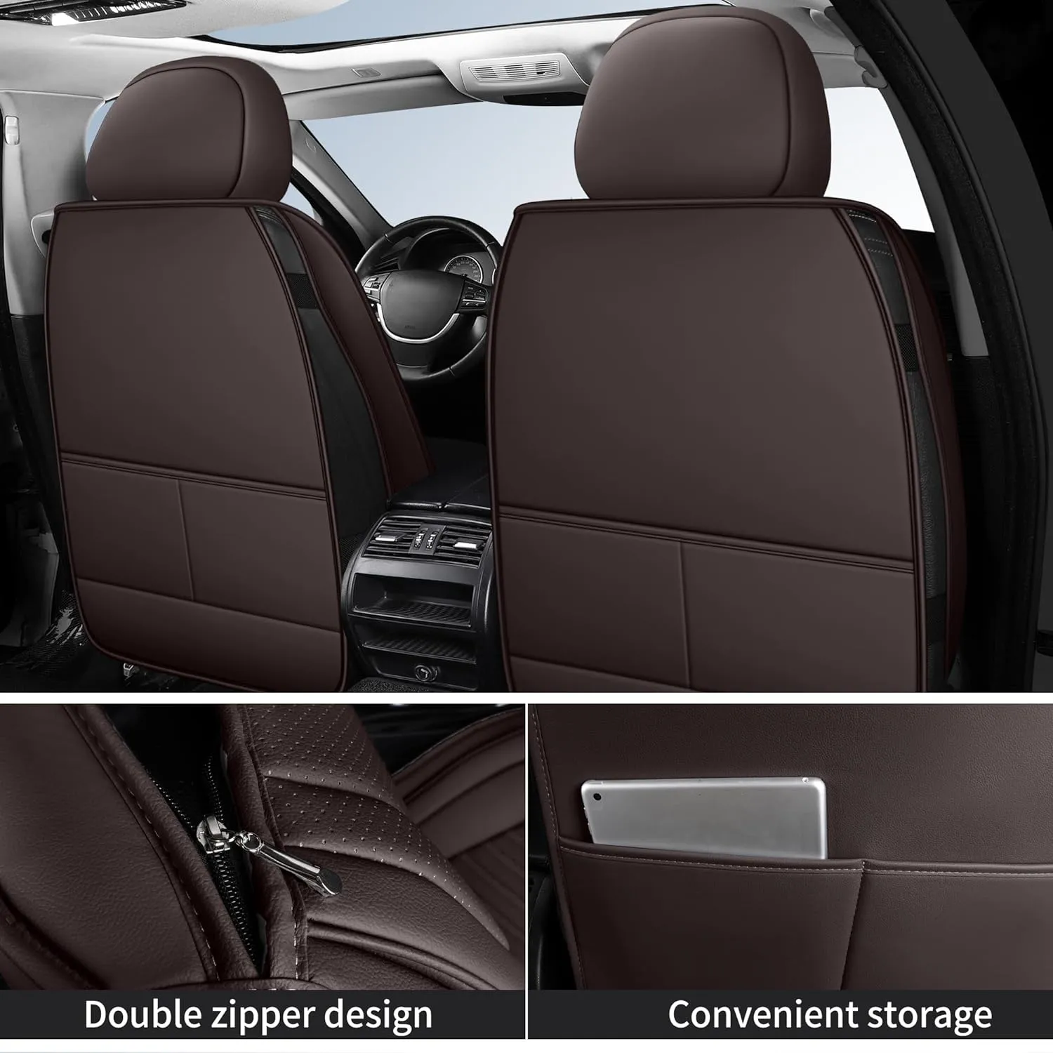 Car Seat Covers Front Pair,Breathable and Waterproof Leather Automotive Front Seat Covers,Universal Anti-Slip Seat Covers for Cars SUV Truck Sedan(Style1,2 PCS Front Seat,Brown)