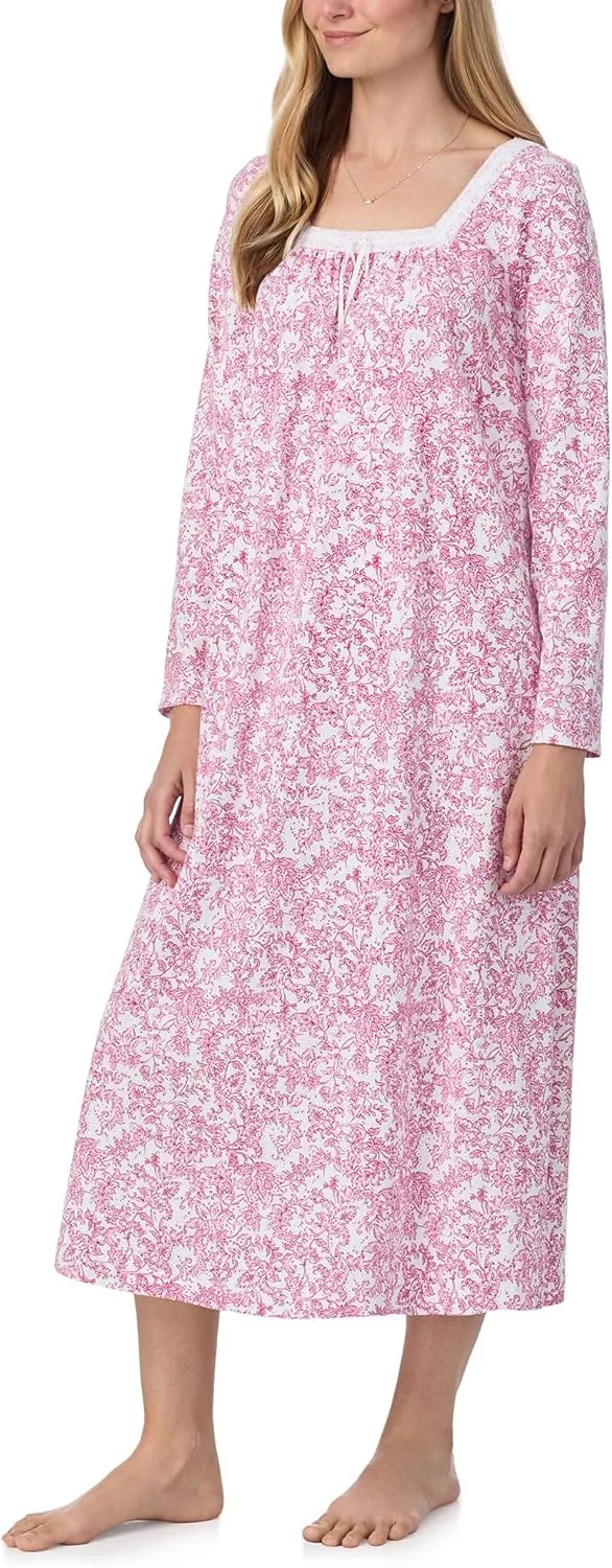 Carole Hochman Women's 50'' Cotton Jersey Knit Nightgown, Soft Long Sleeve Relaxed Fit Sleepwear with Elegant Lace Trim