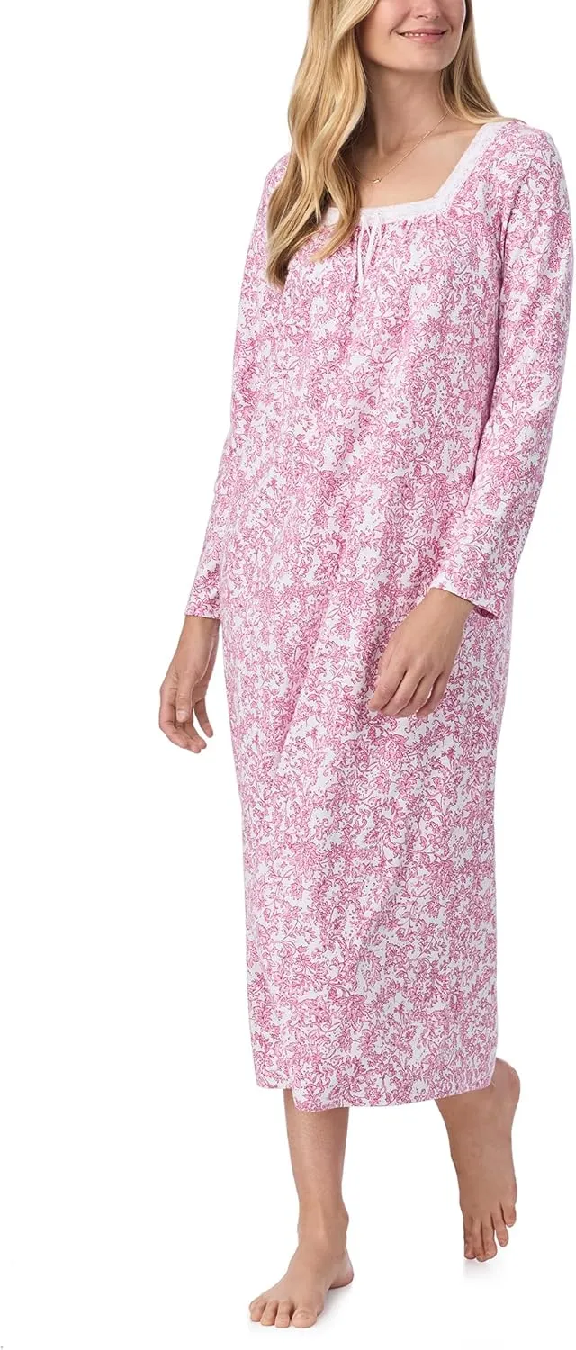 Carole Hochman Women's 50'' Cotton Jersey Knit Nightgown, Soft Long Sleeve Relaxed Fit Sleepwear with Elegant Lace Trim