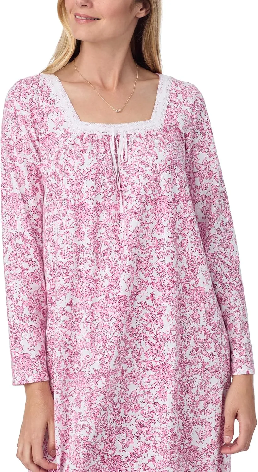Carole Hochman Women's 50'' Cotton Jersey Knit Nightgown, Soft Long Sleeve Relaxed Fit Sleepwear with Elegant Lace Trim