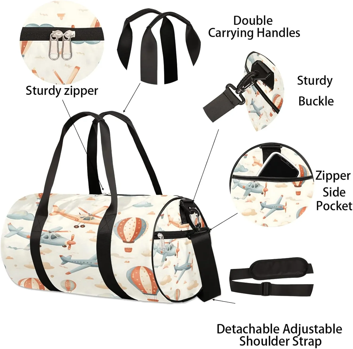 Cartoon Aircraft Patterns Sports Gym Bag for Men Women Lightweight Travel Duffle Bag with Shoulder Strap Waterproof Carry On Weekender Overnight Bag for Travel Sports Gym