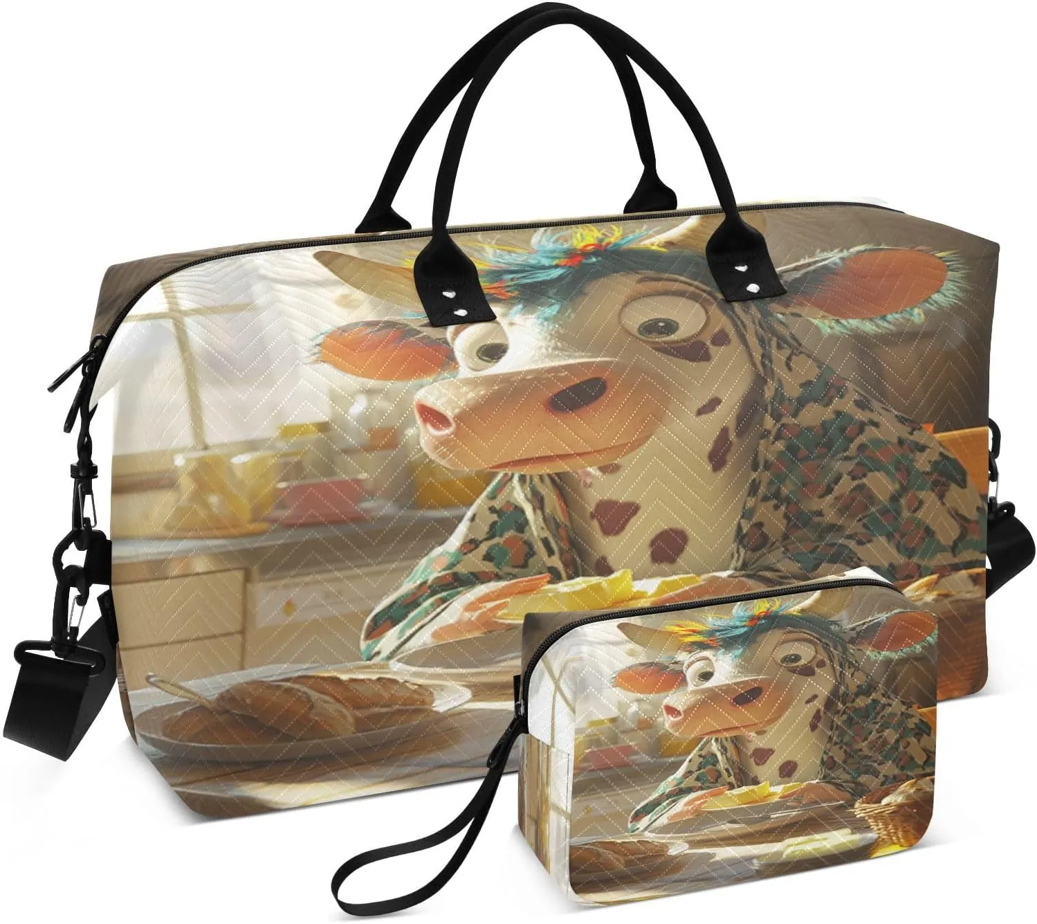 Cartoon Cow Breakfast Sports Gym Bag for Women Men Travel Duffel Bag Weekend Overnight Carry on Bag with Toiletry Bag Air Travel Bag for Swimming Yoga Workout Plane Hospital