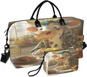 Cartoon Cow Breakfast Sports Gym Bag for Women Men Travel Duffel Bag Weekend Overnight Carry on Bag with Toiletry Bag Air Travel Bag for Swimming Yoga Workout Plane Hospital