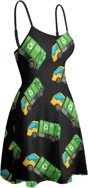 Cartoon Garbage Truck Women's Sleeveless Mini Dress Summer Swing Spaghetti Sundress S