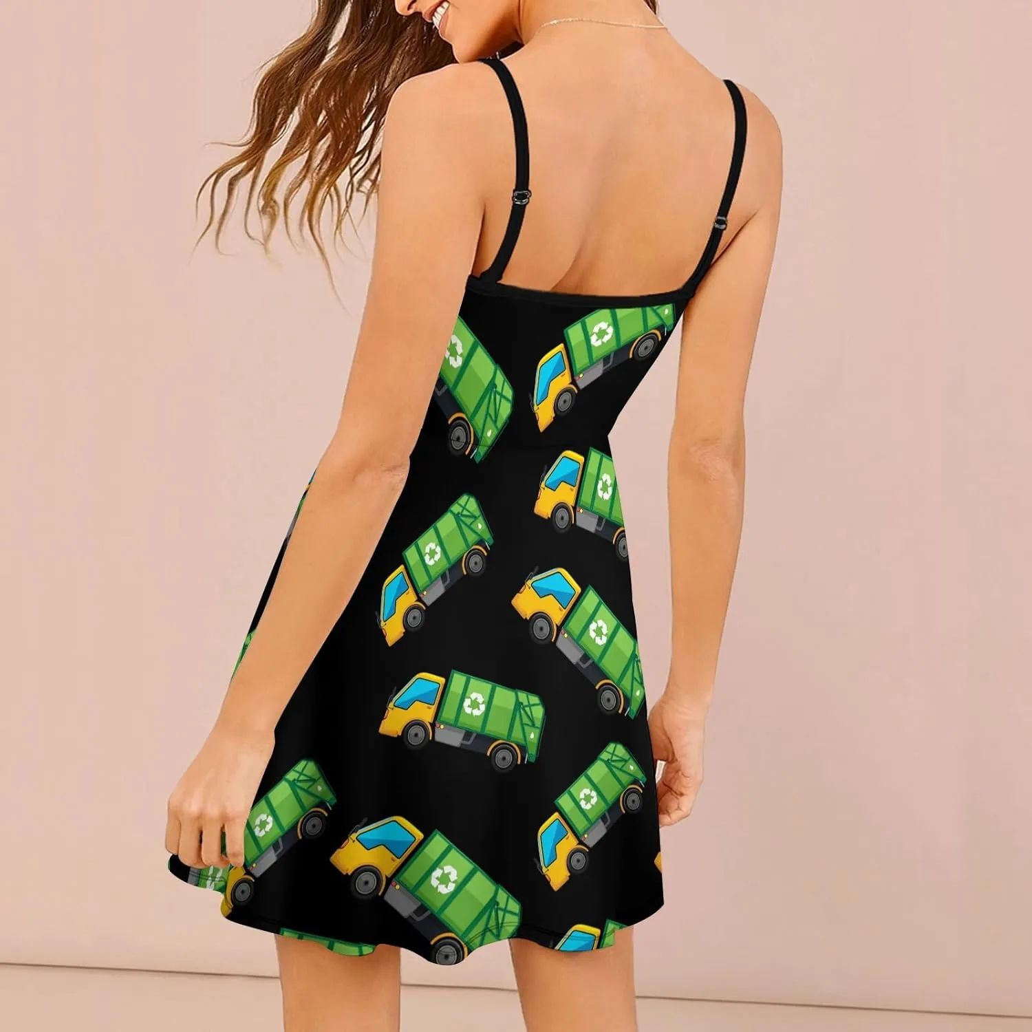 Cartoon Garbage Truck Women's Sleeveless Mini Dress Summer Swing Spaghetti Sundress S