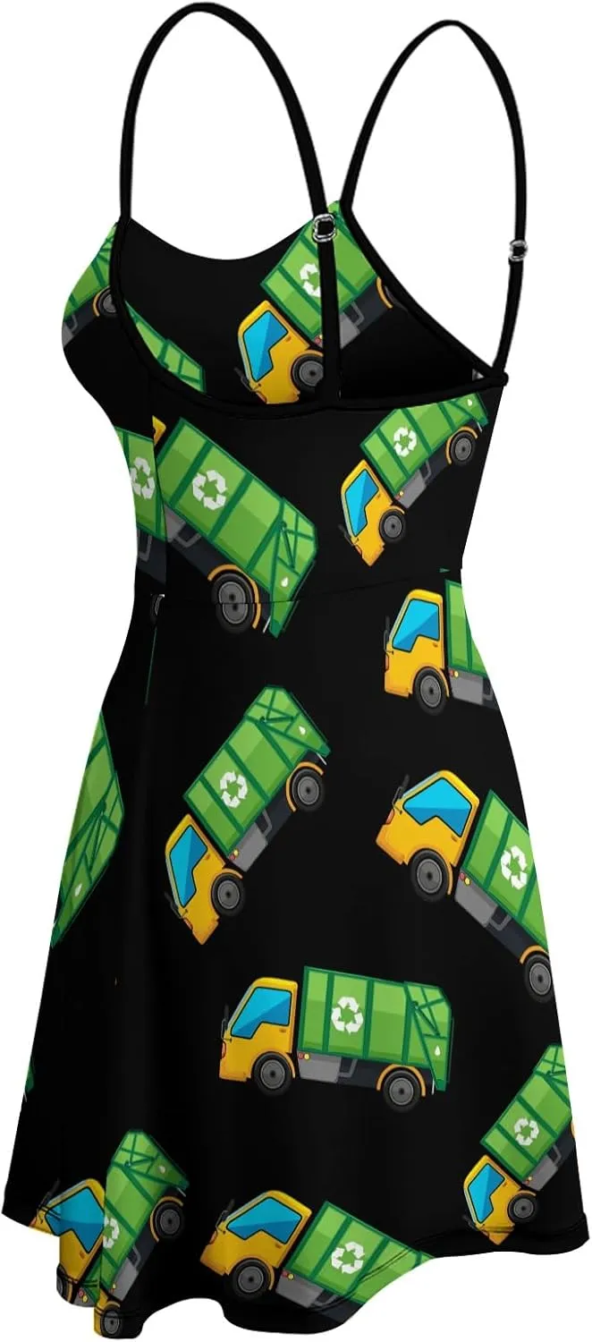 Cartoon Garbage Truck Women's Sleeveless Mini Dress Summer Swing Spaghetti Sundress S