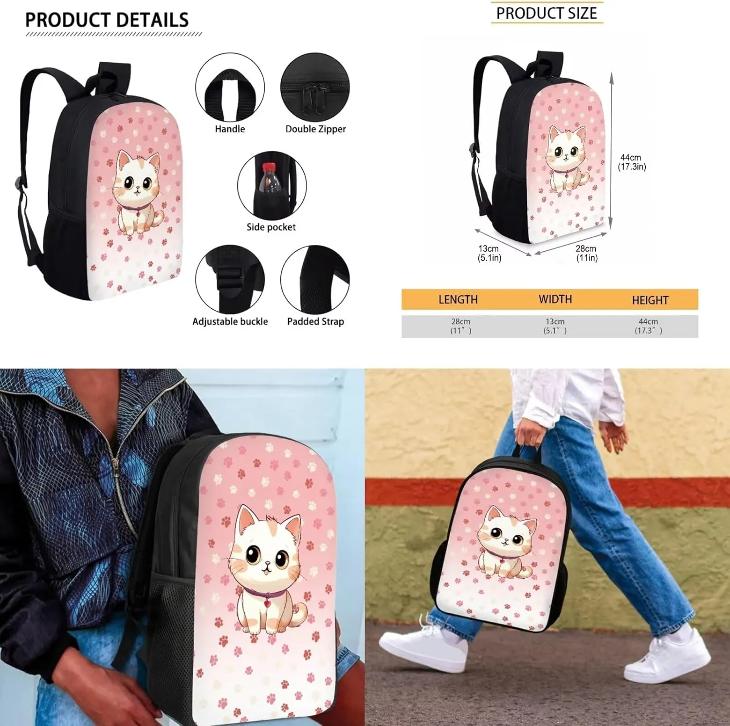 Cat Little Girl Backpacks Ages 3-5 Kindergarten School Bookbag Portable Bag for School for Girls Back To School Backpack and Lunch Box Set Make You Look Cute and Fashion
