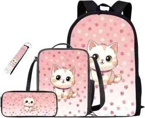 Cat Little Girl Backpacks Ages 3-5 Kindergarten School Bookbag Portable Bag for School for Girls Back To School Backpack and Lunch Box Set Make You Look Cute and Fashion