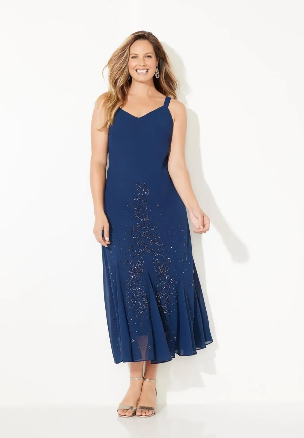 Catherines Women's Plus Size Masquerade Beaded Dress Set with Jacket (Petite Available) - 26 WP, Mariner Navy