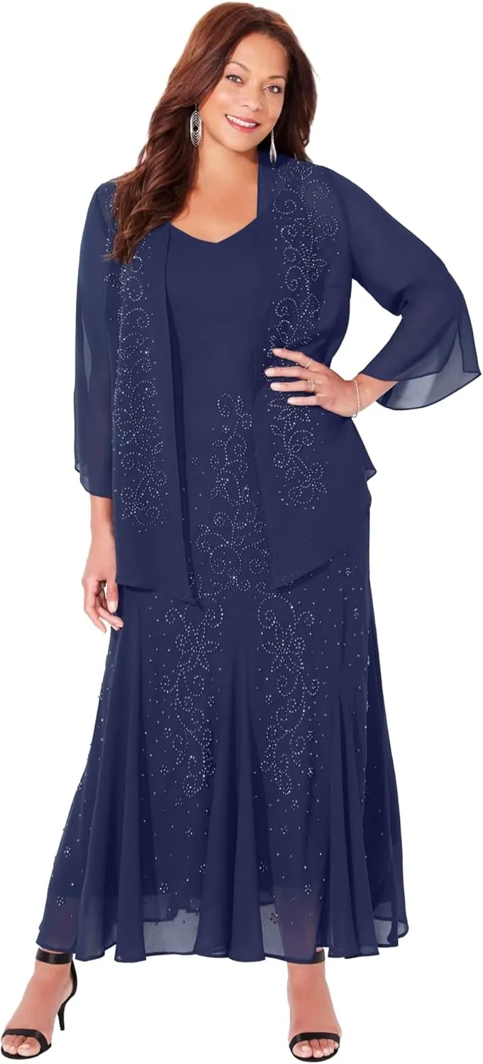 Catherines Women's Plus Size Masquerade Beaded Dress Set with Jacket (Petite Available) - 26 WP, Mariner Navy