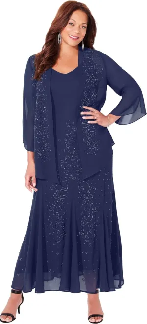 Catherines Women's Plus Size Masquerade Beaded Dress Set with Jacket (Petite Available) - 26 WP, Mariner Navy