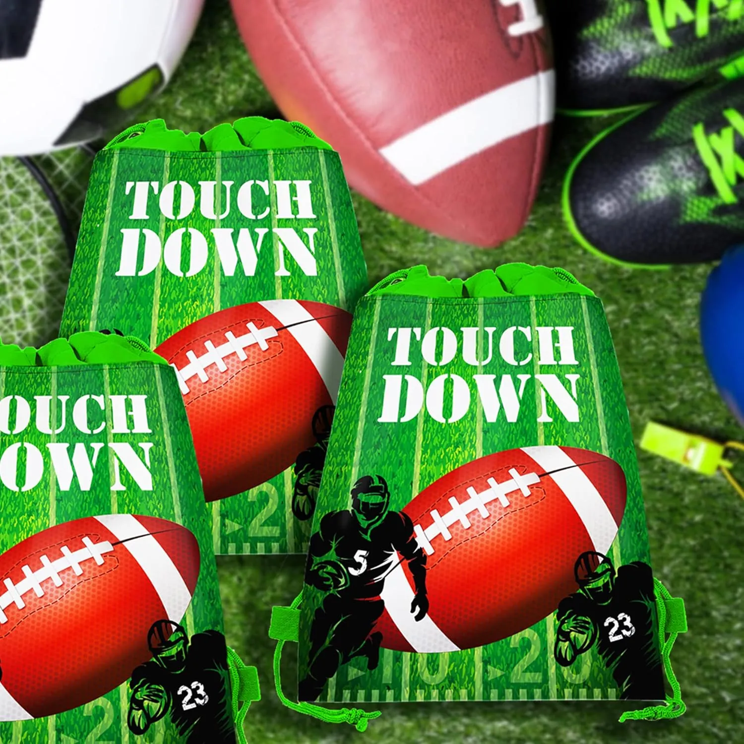 CC HOME 12 Pack Drawstring Bags for Kids Girls Boys Birthday Party Favor Bags, Football Theme Baby Decorations 10.6 x 13.4 inches