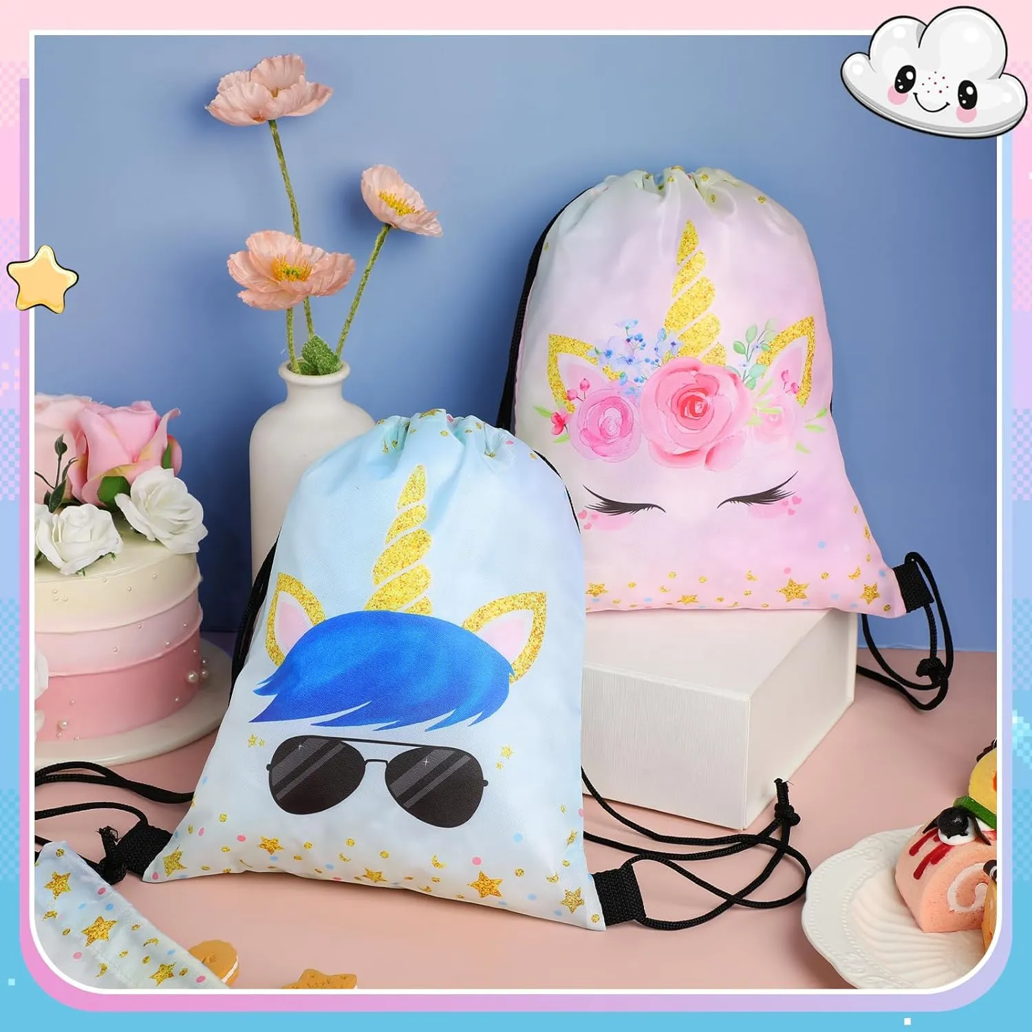 Censen 24 Pcs Unicorn Drawstring Bags Set Bulk 12 x 10 Inch Candy Treat Goody Waterproof Beach Bags for Girls Boys Kids Unicorn Themed Party Birthday Party Favor Supplies