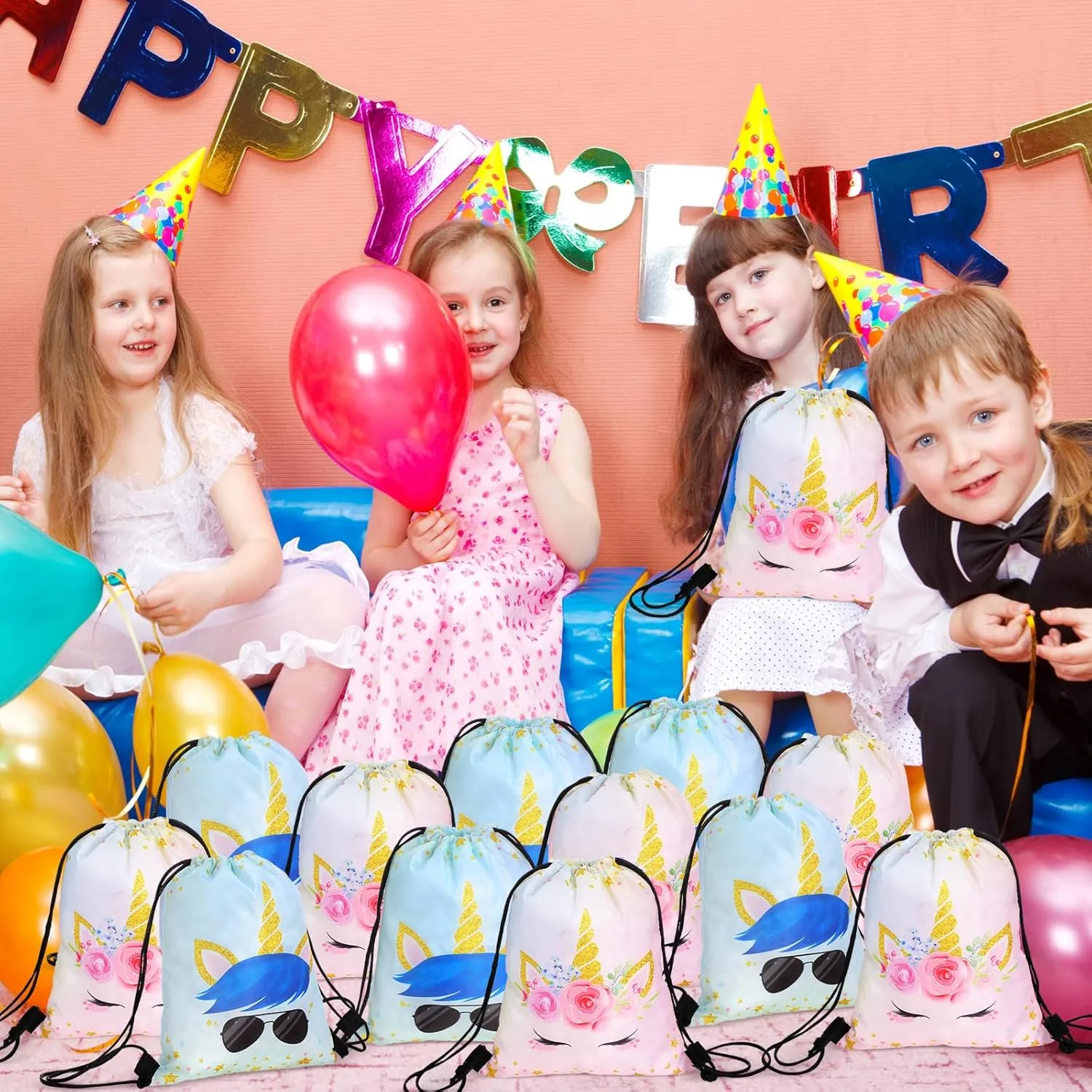 Censen 24 Pcs Unicorn Drawstring Bags Set Bulk 12 x 10 Inch Candy Treat Goody Waterproof Beach Bags for Girls Boys Kids Unicorn Themed Party Birthday Party Favor Supplies