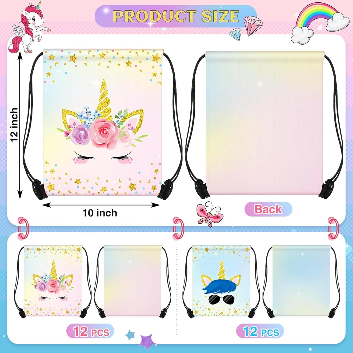 Censen 24 Pcs Unicorn Drawstring Bags Set Bulk 12 x 10 Inch Candy Treat Goody Waterproof Beach Bags for Girls Boys Kids Unicorn Themed Party Birthday Party Favor Supplies