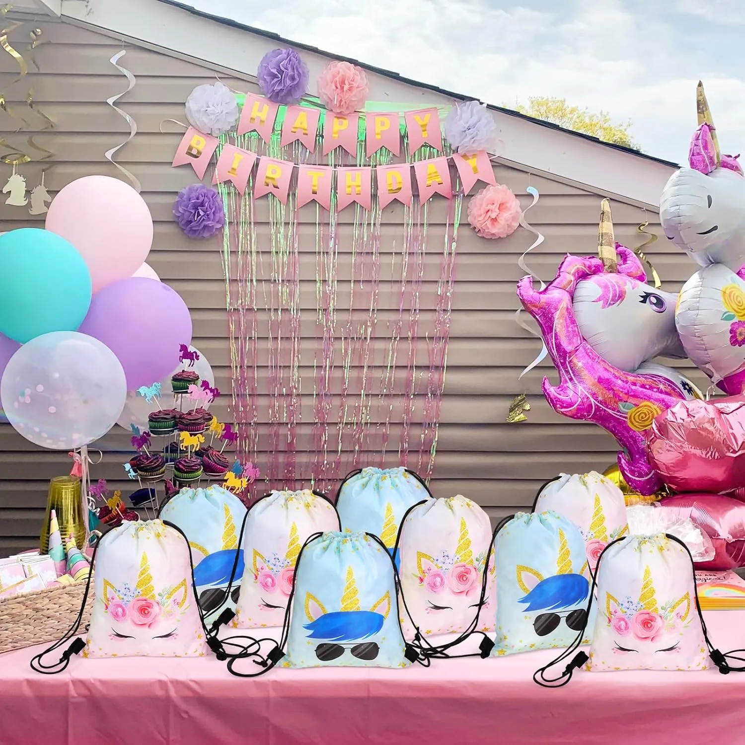Censen 24 Pcs Unicorn Drawstring Bags Set Bulk 12 x 10 Inch Candy Treat Goody Waterproof Beach Bags for Girls Boys Kids Unicorn Themed Party Birthday Party Favor Supplies