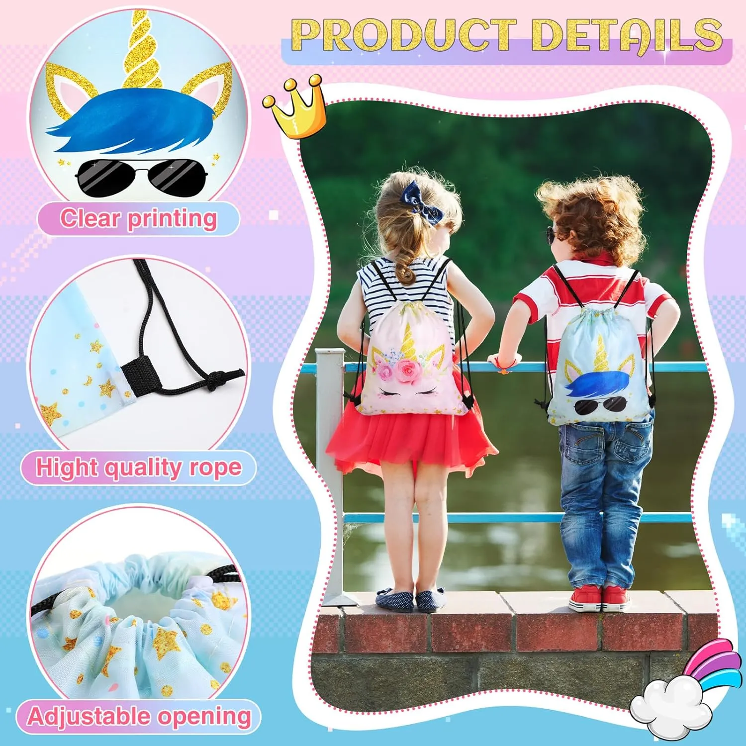 Censen 24 Pcs Unicorn Drawstring Bags Set Bulk 12 x 10 Inch Candy Treat Goody Waterproof Beach Bags for Girls Boys Kids Unicorn Themed Party Birthday Party Favor Supplies