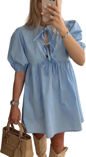 CHARTOU Women's Cute Bow Tie Front Mini Dress Babydoll Puff Short Sleeve Dresses Ruffle Y2k Peplum Sundress