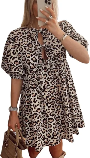 CHARTOU Women's Cute Bow Tie Front Mini Dress Babydoll Puff Short Sleeve Dresses Ruffle Y2k Peplum Sundress