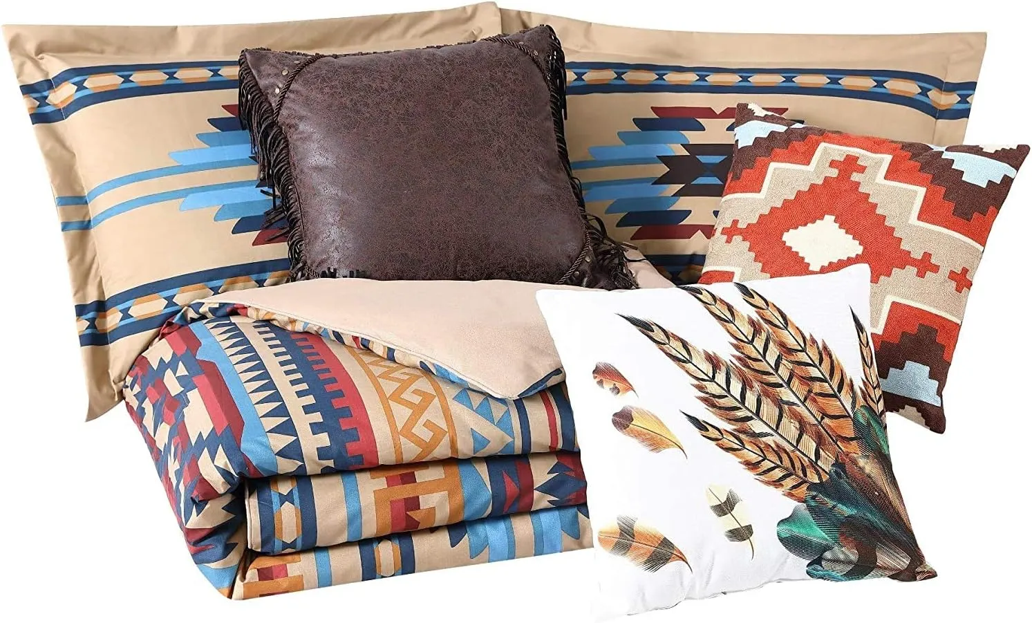 Chezmoi Collection Wyoming 7-Piece Southwestern Geometric Tribal Comforter Set - Printed Multicolor Beige Brown Blue Red Bedding Set, King