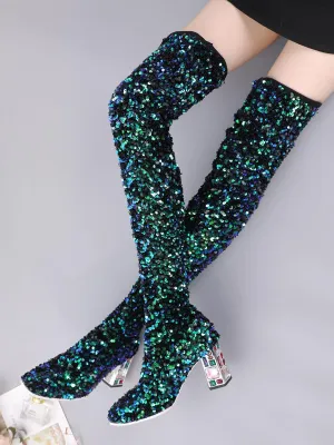 Chic Square Toe Sequined Over-The-Knee Winter Boots