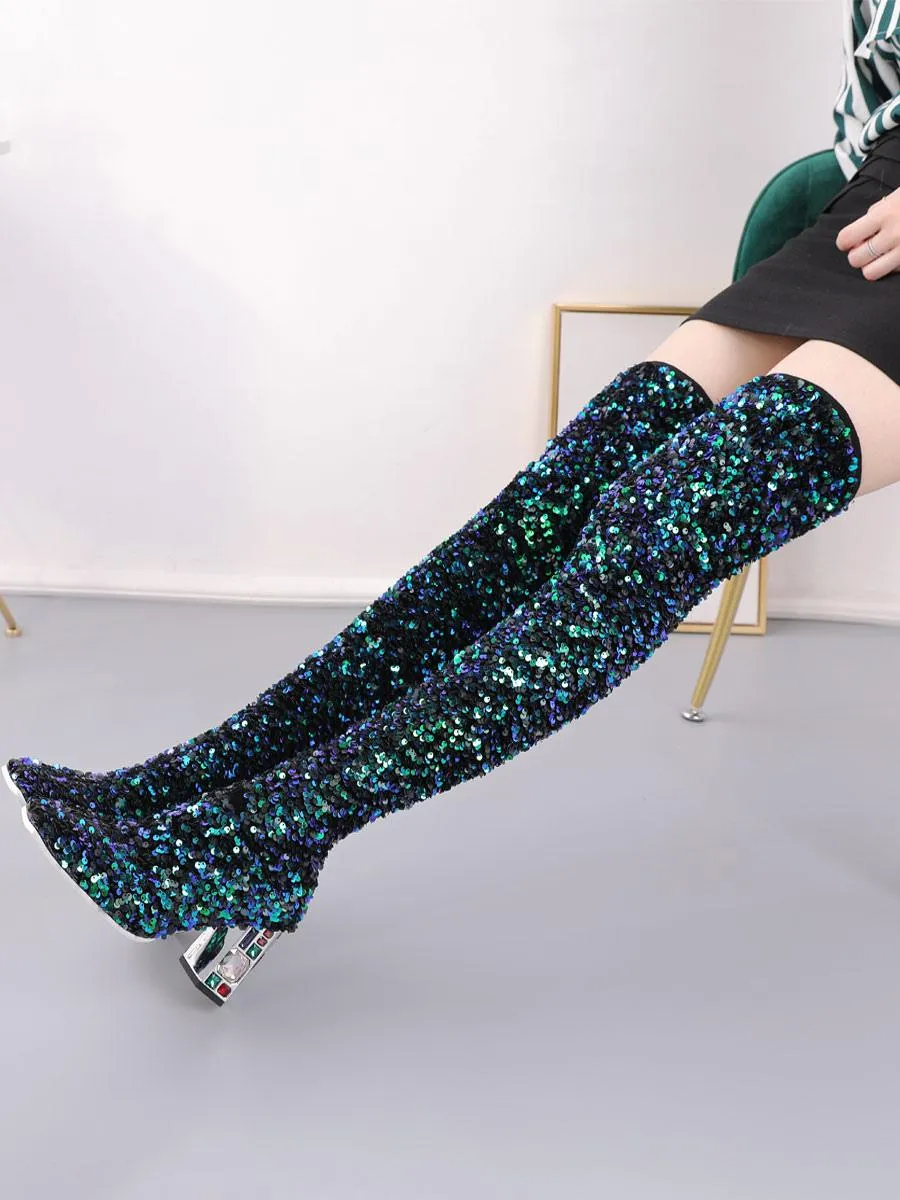 Chic Square Toe Sequined Over-The-Knee Winter Boots