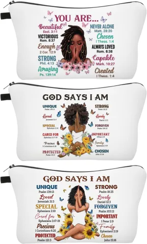 Christian Gifts for Women, 3 Pack African American Makeup Bag for Purse, Afro Black Cosmetic Bags for Women, Inspirational and Funny Gifts, Small Travel Pouches, Bulk Cosmetic Cases