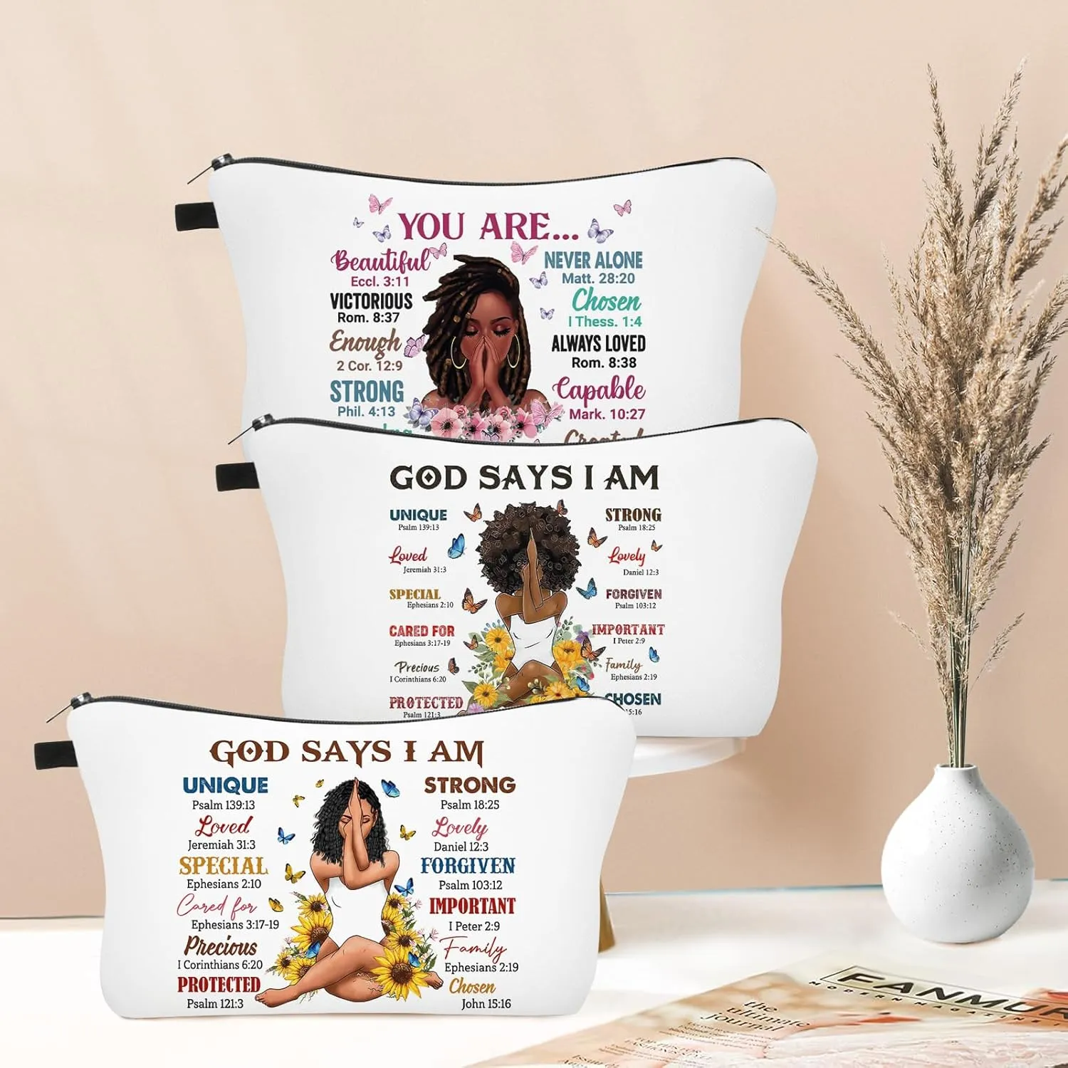 Christian Gifts for Women, 3 Pack African American Makeup Bag for Purse, Afro Black Cosmetic Bags for Women, Inspirational and Funny Gifts, Small Travel Pouches, Bulk Cosmetic Cases