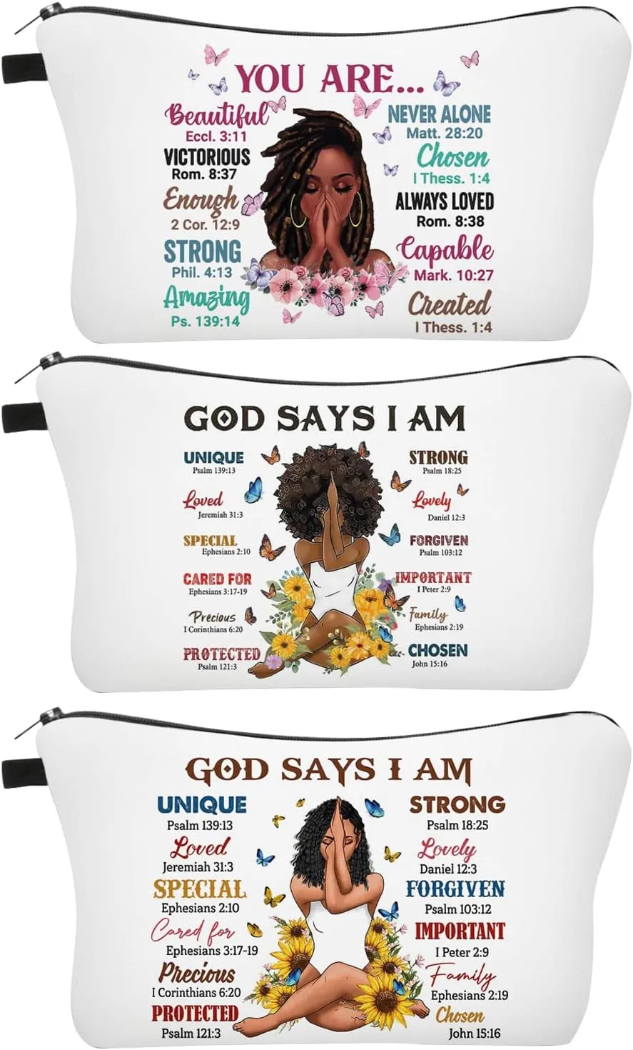 Christian Gifts for Women, 3 Pack African American Makeup Bag for Purse, Afro Black Cosmetic Bags for Women, Inspirational and Funny Gifts, Small Travel Pouches, Bulk Cosmetic Cases