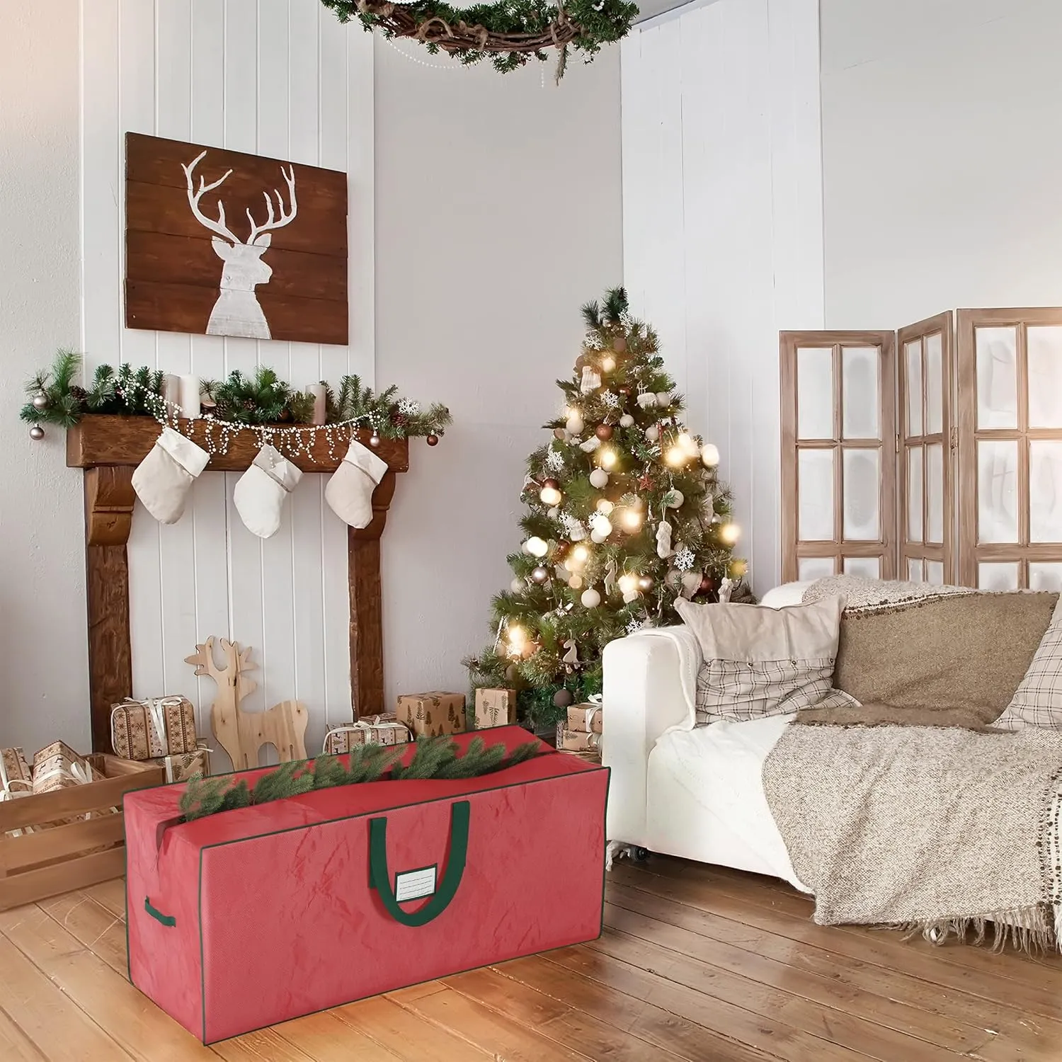 Christmas Tree Storage Bag Set - Set of 2 Bags for 7.5-Foot Artificial Trees - Protects Holiday Decorations and Inflatables by Elf Stor (Red)